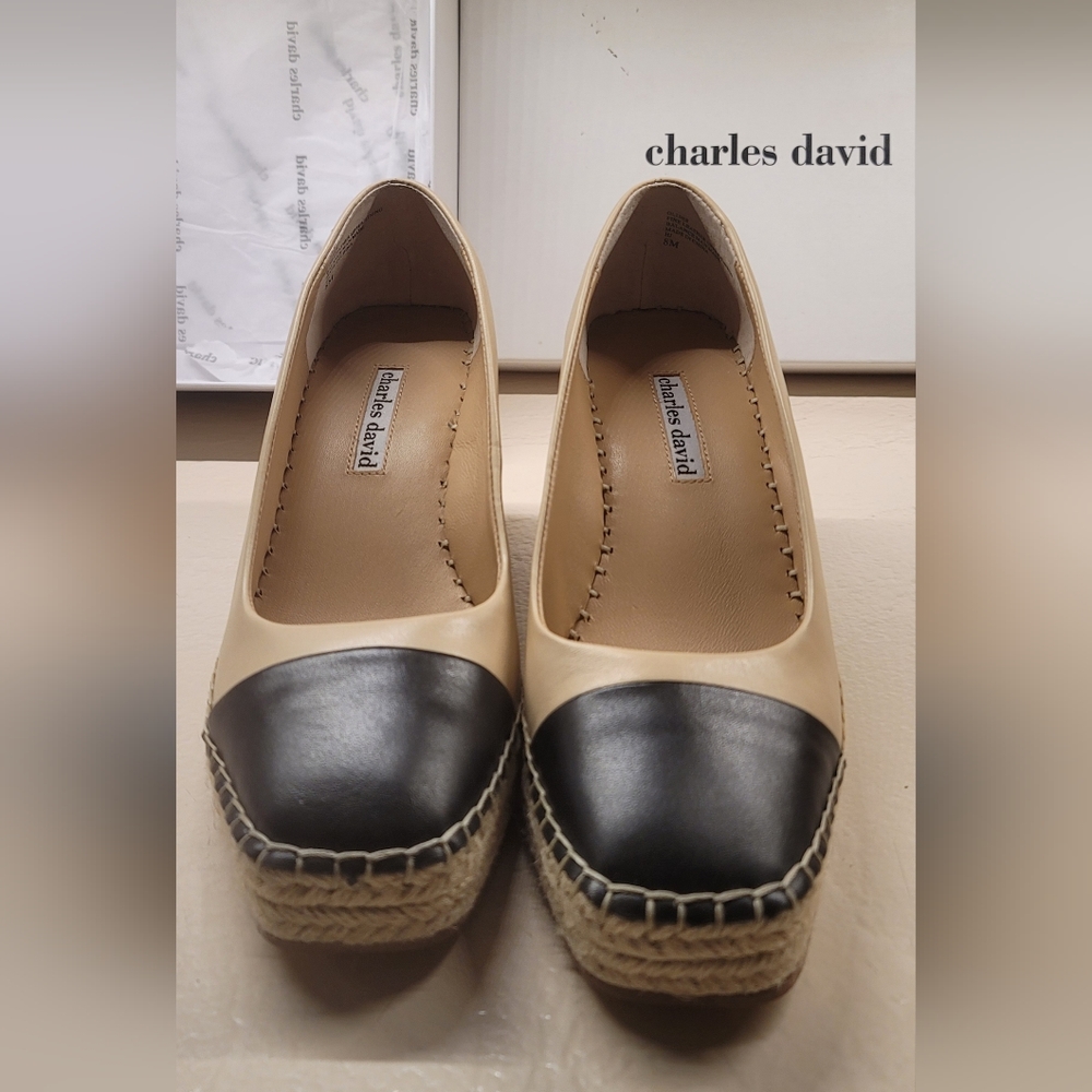 Charles David Glider Wedge Espadrille Heels Nude Black Leather 8